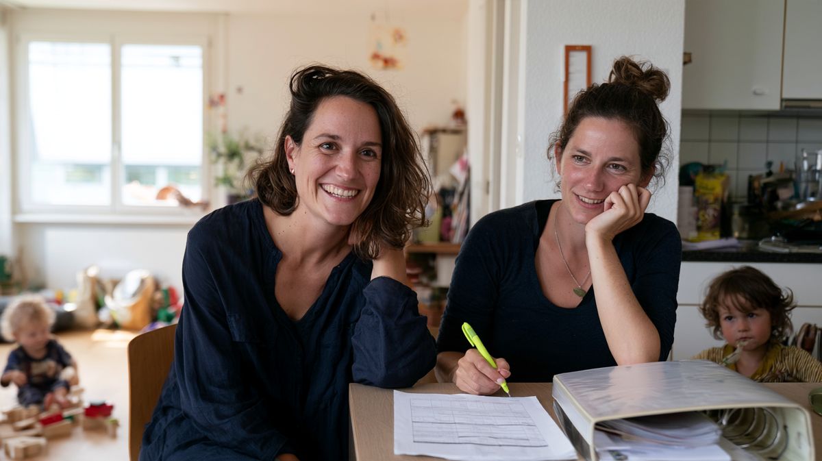 Une mère et la nounou rient à la table de la cuisine devant un seul formulaire, un gros classeur à côté, les enfants jouent derrière