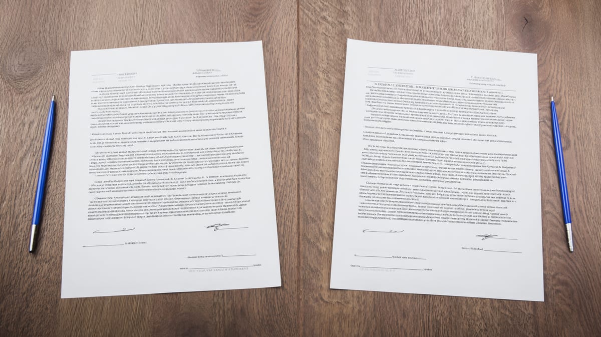 Two signed copies of an employment contract on a wooden table, with two blue pens