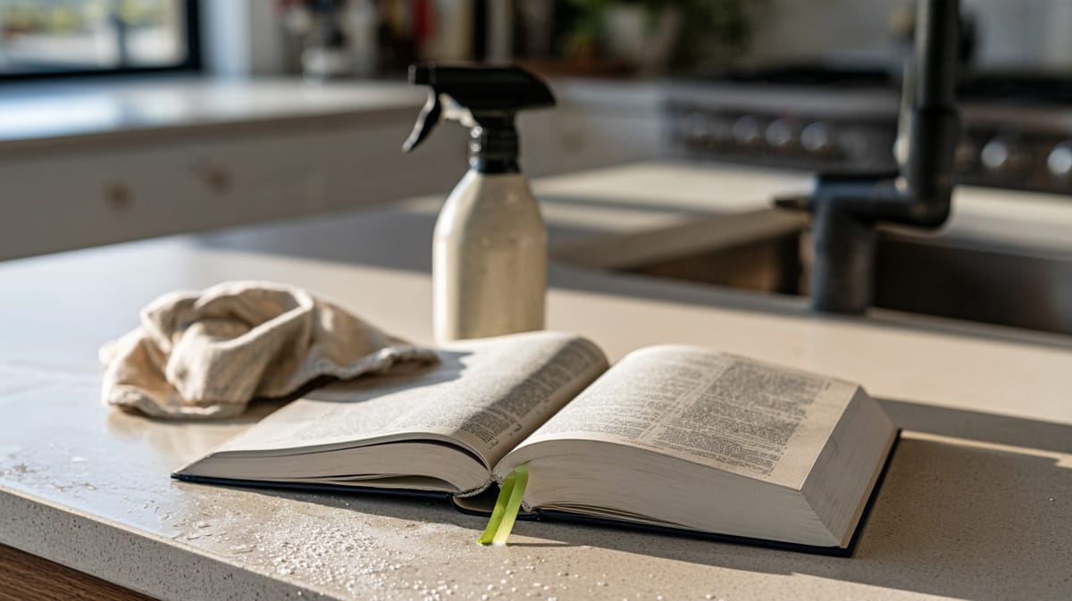 Aufgeschlagenes Buch auf einer hellen Küchenarbeitsplatte, daneben ein Putzlappen und eine Sprühflasche, im Hintergrund die Spüle
