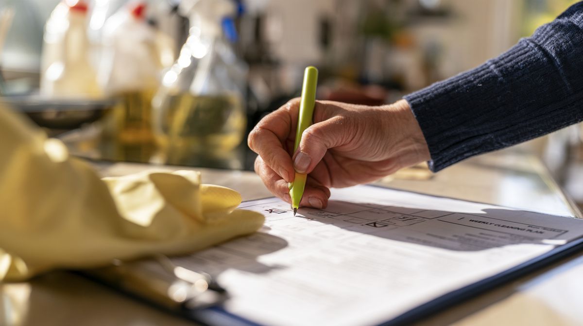Hand with a green pen ticking off a list on a clipboard, next to yellow cleaning gloves and cleaning products on the kitchen counter
