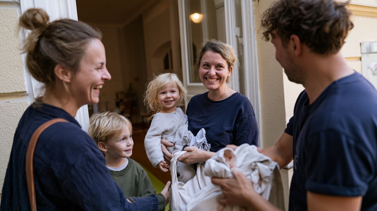 A family opens the front door laughing as the new cleaner arrives with her bag for her first visit