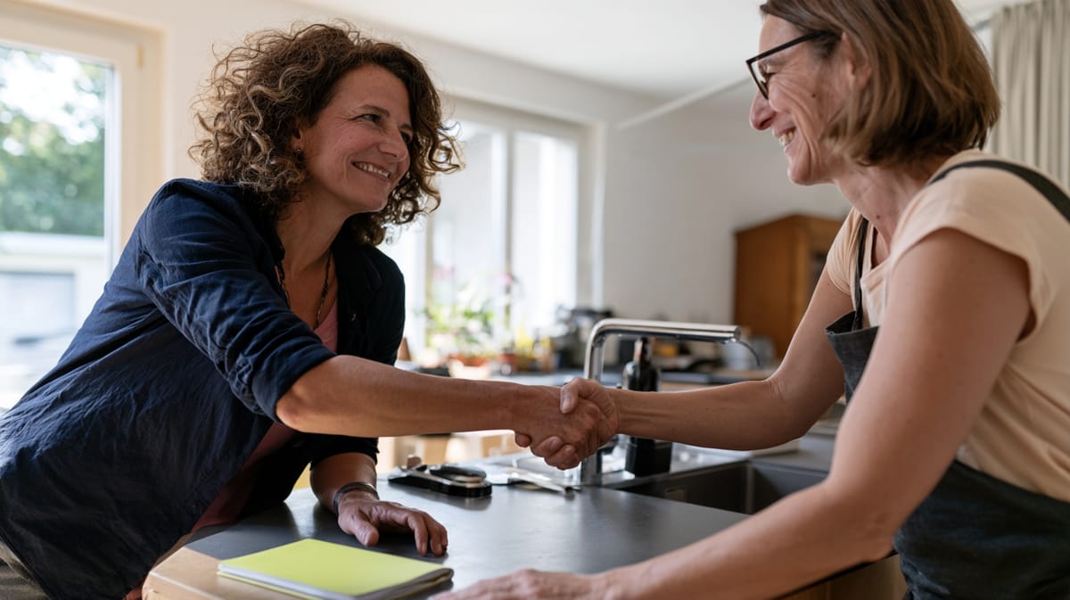 Dos mujeres sonrientes se dan la mano sobre la encimera de la cocina, una con rizos y chaqueta oscura, la otra con gafas y delantal