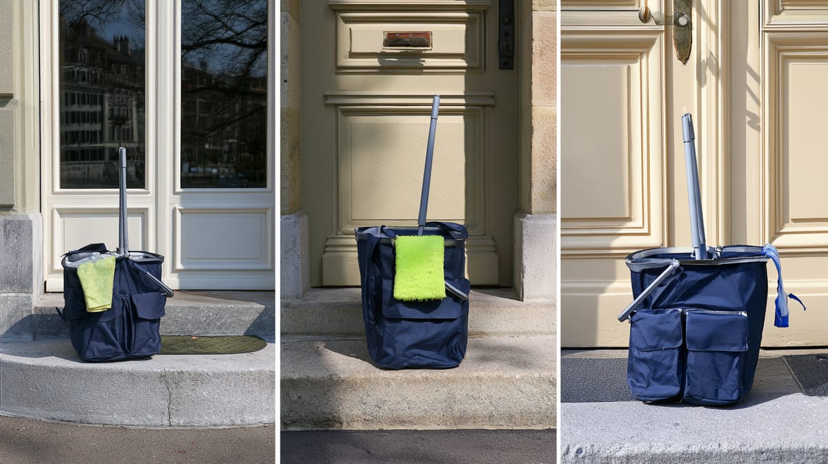 Dreimal dieselbe dunkelblaue Putztasche mit Wischmopp und grünem Tuch, jeweils vor einer anderen Haustür eines Altbaus