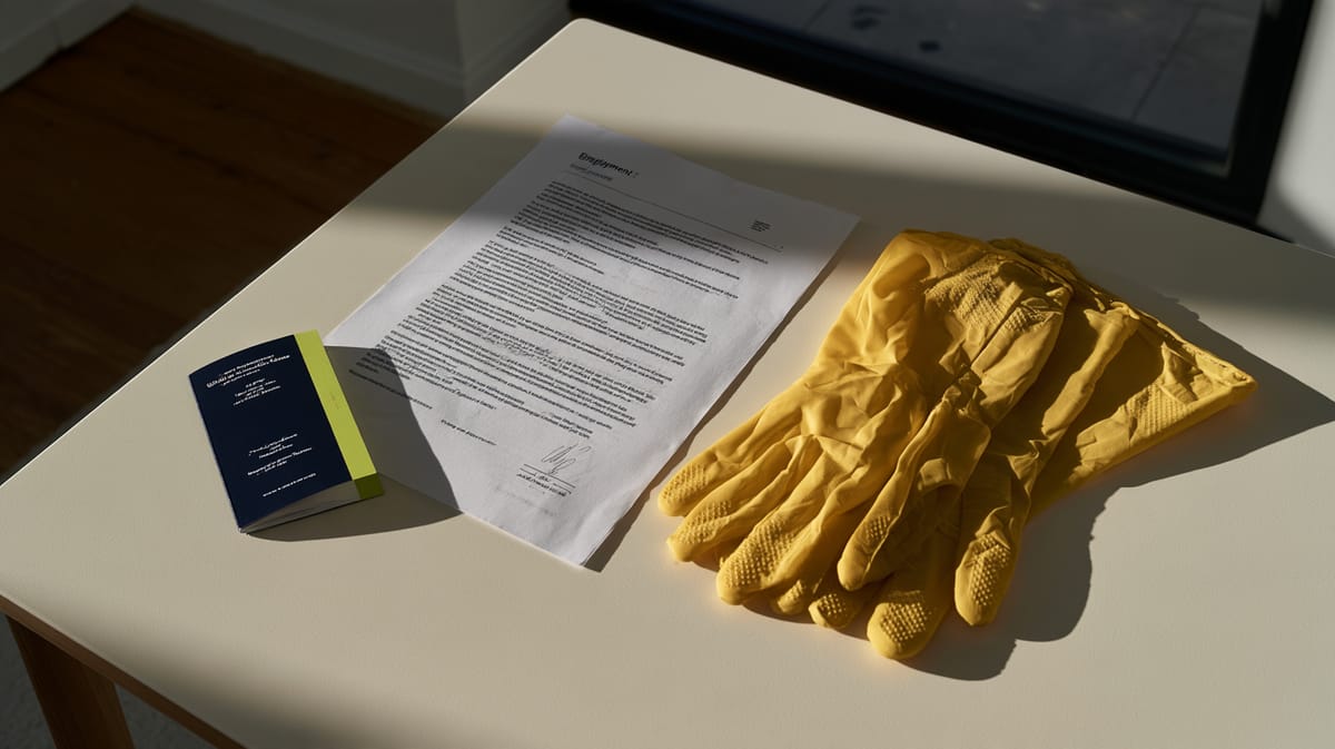 Ein Brief, ein dunkelblaues Büchlein und gelbe Putzhandschuhe liegen im harten Sonnenlicht auf einem weissen Tisch