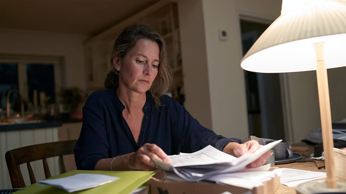 Mujer sentada por la noche bajo una lámpara en la mesa del comedor, revisando pensativa un montón de papeles, con una carpeta verde al lado