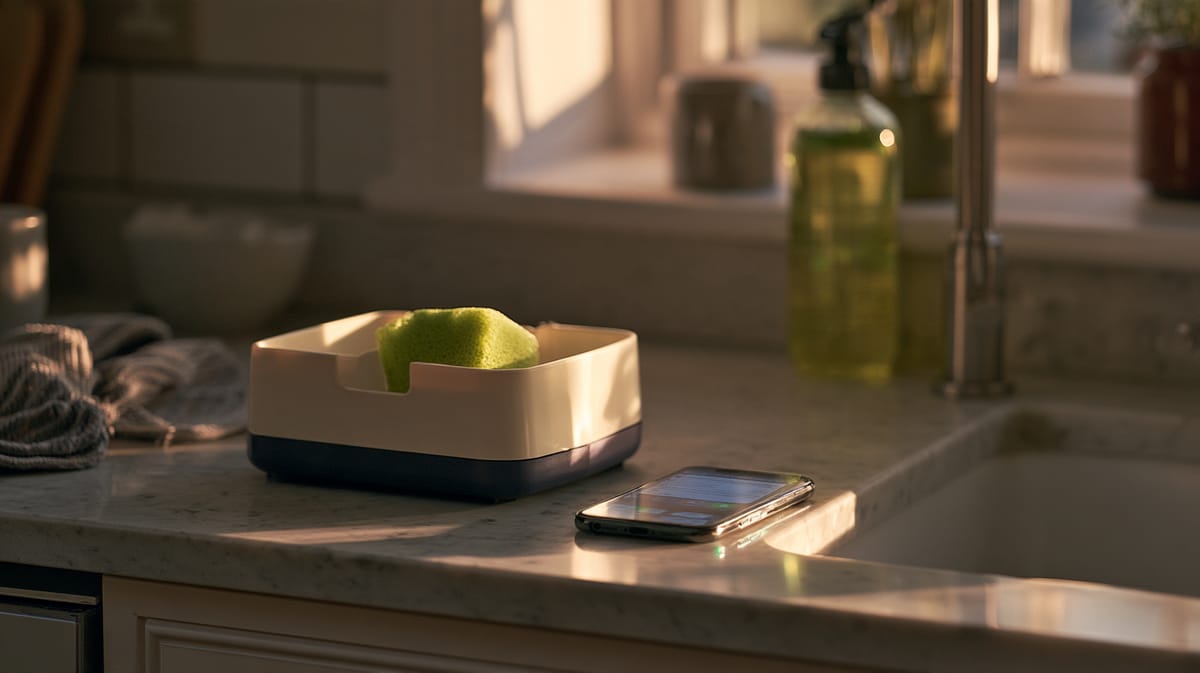 Esponja verde sin usar en una bandeja junto al fregadero, con un smartphone delante sobre la encimera a la luz de la mañana