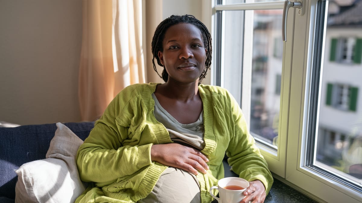 Schwangere Frau in grüner Strickjacke sitzt am Fenster, eine Hand auf dem Bauch, in der anderen eine Tasse Tee