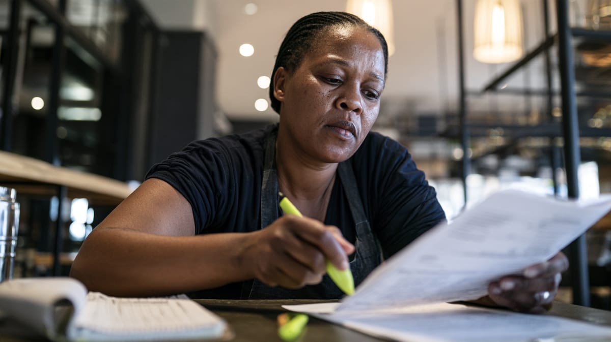 Femme en t-shirt noir surlignant des lignes sur une feuille de papier au surligneur jaune, assise à une table