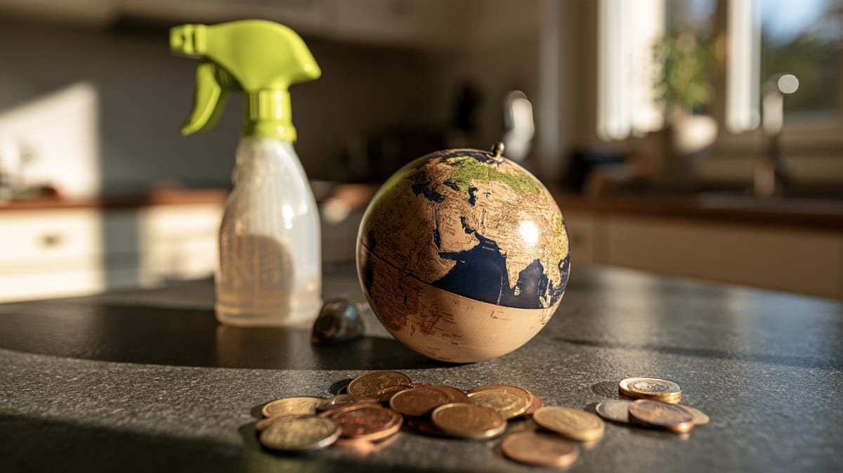 Pequeño globo terráqueo sobre la encimera de la cocina, monedas sueltas delante y un pulverizador verde de limpieza detrás