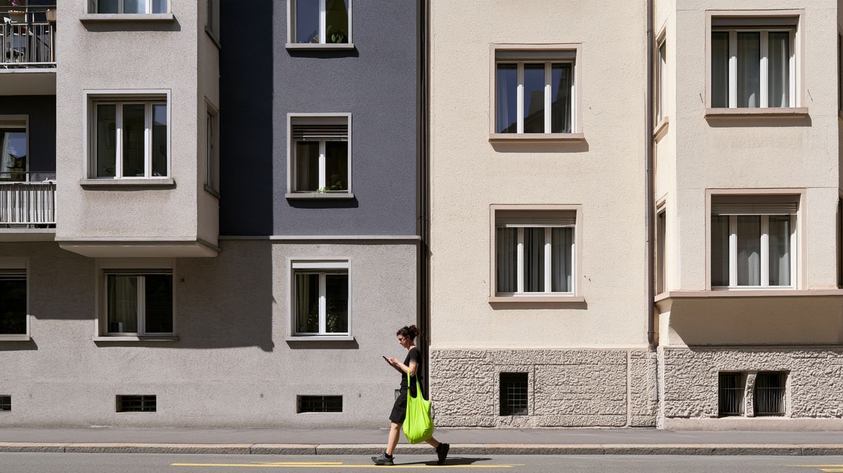 Frau mit grüner Tasche geht im Sonnenlicht an einer Reihe mehrstöckiger Wohnhäuser entlang
