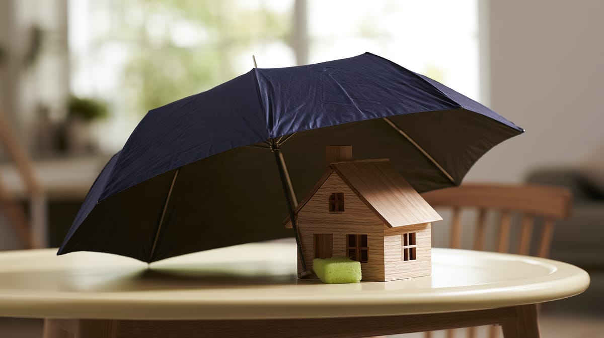 Dunkelblauer Regenschirm über einem kleinen Holzhaus auf einem runden Tisch in einem hellen Wohnzimmer