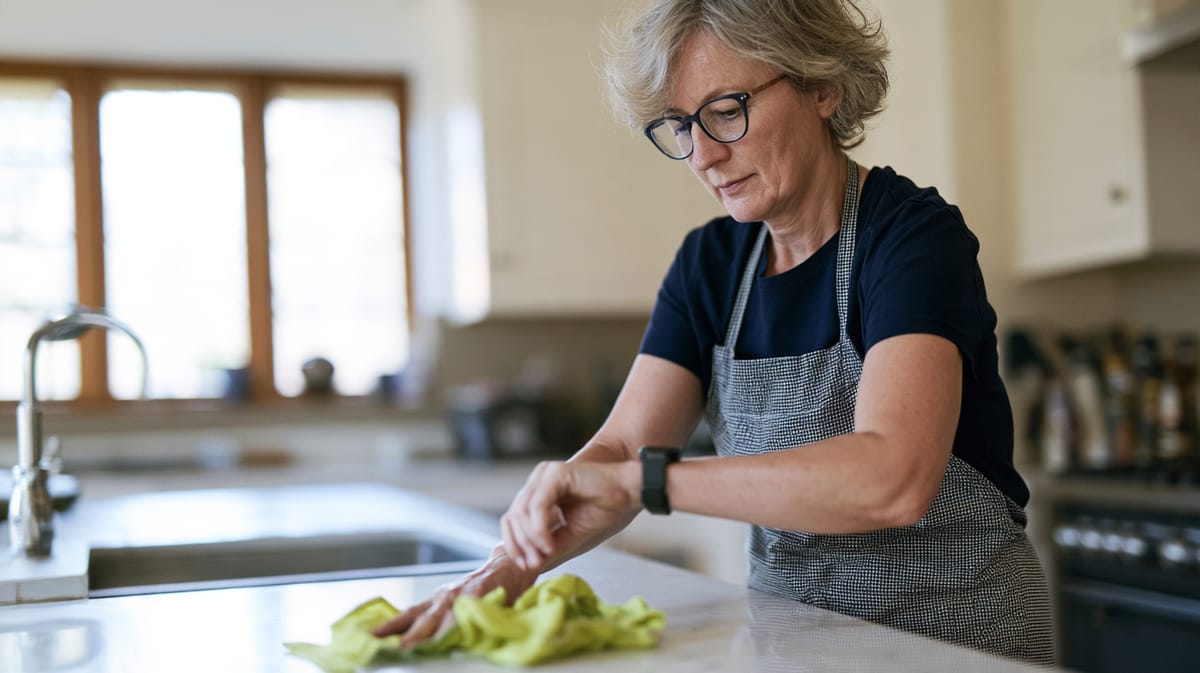 Older woman with glasses and a grey apron wiping the counter in a bright kitchen with a yellow cloth