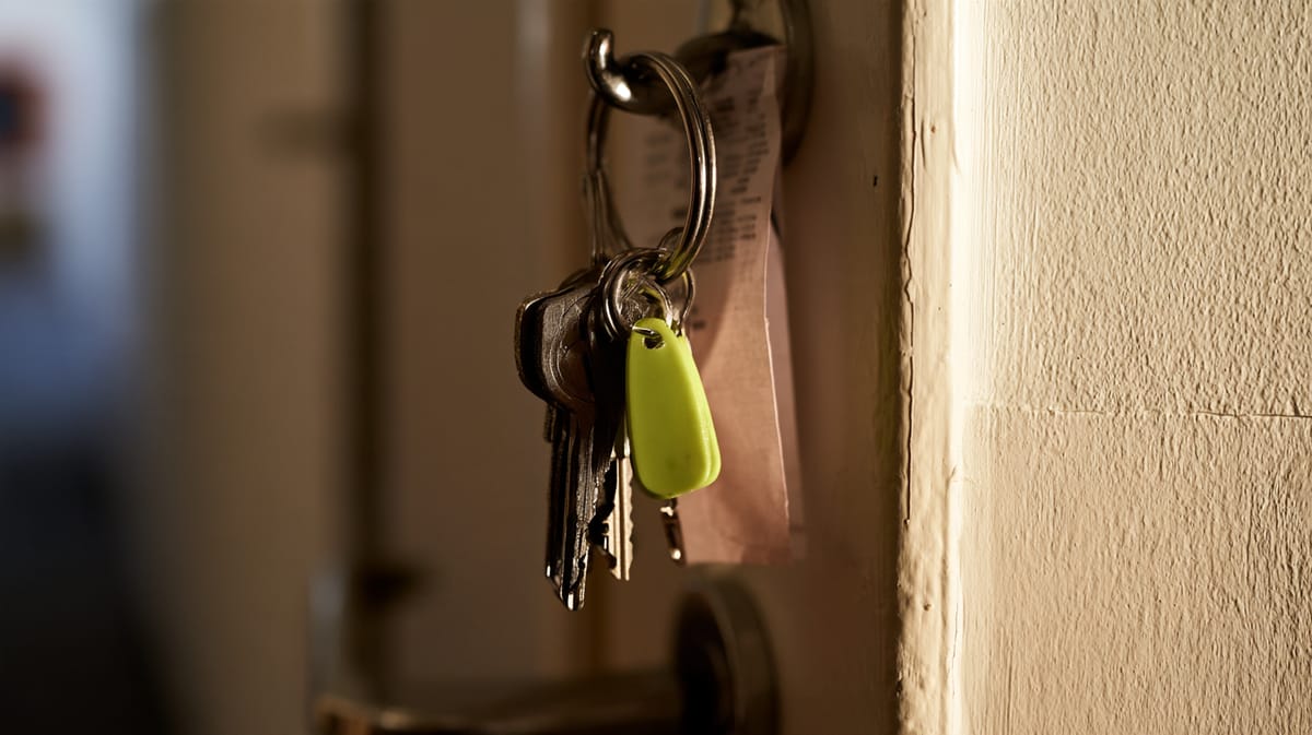 Bunch of keys with a light green tag hanging on a hook next to an apartment door, in warm backlight