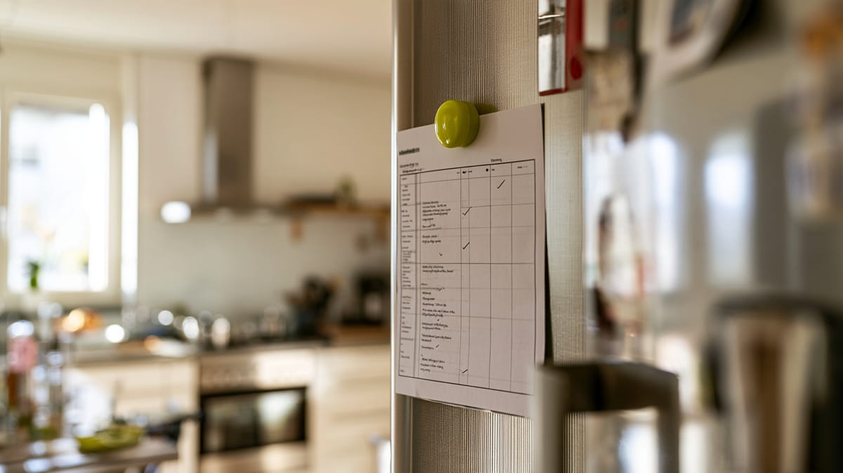 Ausgedruckter Reinigungsplan als Tabelle mit Häkchen, mit einem hellgrünen Magneten am Kühlschrank befestigt, dahinter eine helle Küche