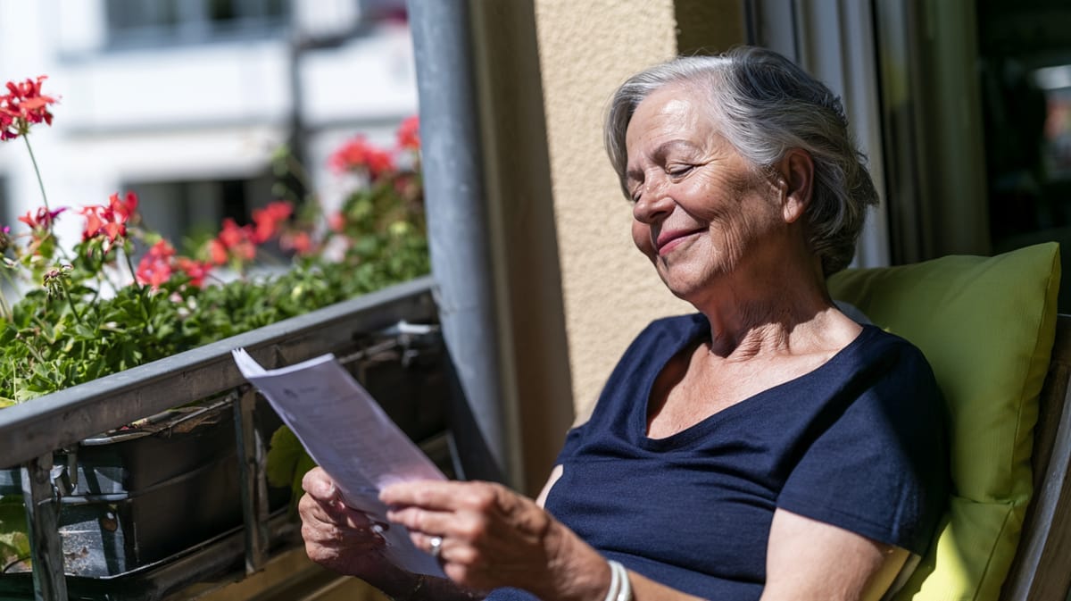 Femme âgée souriante assise sur un balcon fleuri de géraniums rouges, en train de lire une lettre