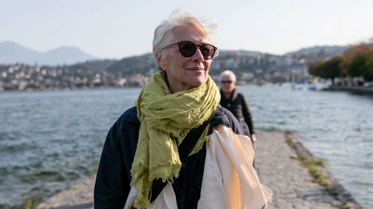 Femme âgée aux cheveux blancs, lunettes de soleil et écharpe verte, se promenant au bord d’un lac, avec des collines et une ville au loin