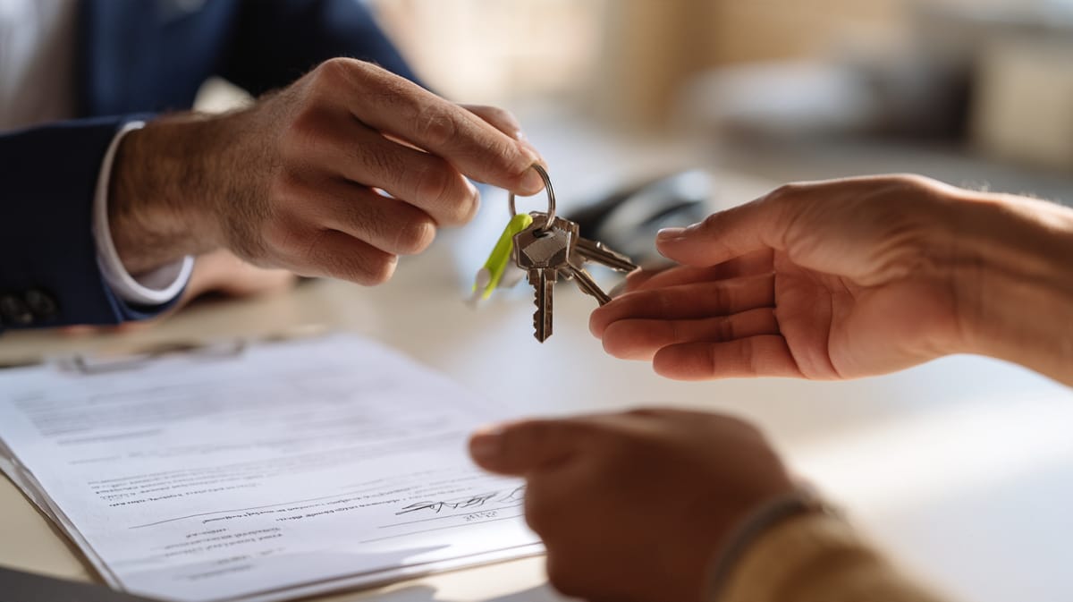 Hand passing a bunch of keys with a green tag to another hand, above a filled-in form lying on the table