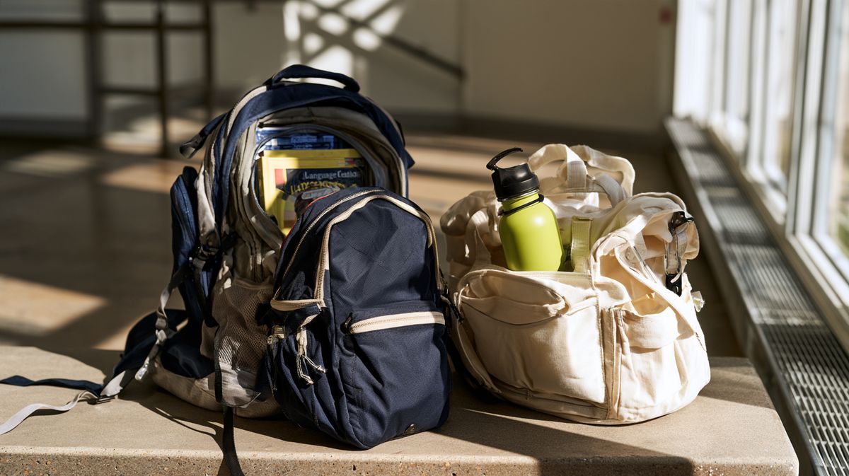 Dunkelblauer Schulrucksack und eine Stofftasche mit grüner Trinkflasche auf einer Bank in einem sonnigen Schulkorridor