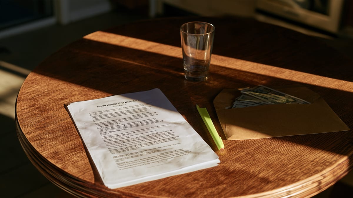 Carta impresa, sobre, bolígrafo y vaso de agua sobre una mesa redonda de madera a la luz del sol