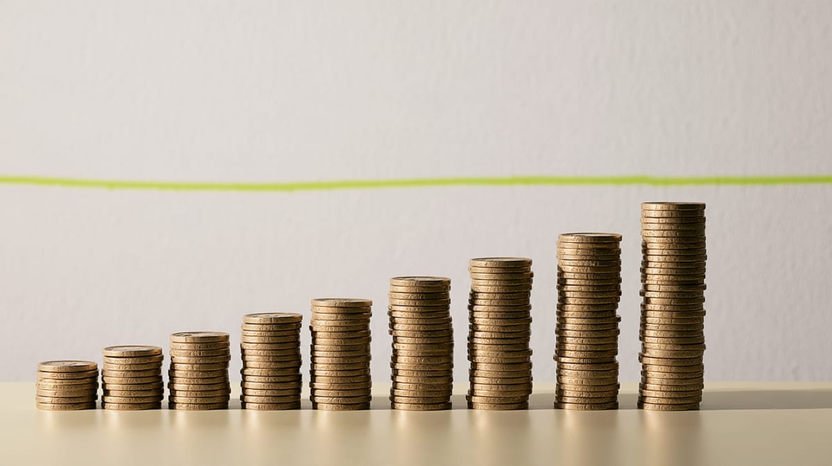 Nine stacks of coins growing taller from left to right, in front of a pale wall with a horizontal green line