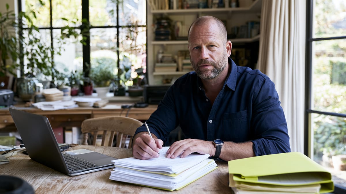 Mann sitzt an einem Holztisch vor einem Bücherregal und schreibt in einen Papierstapel, neben Laptop und gelben Ordnern
