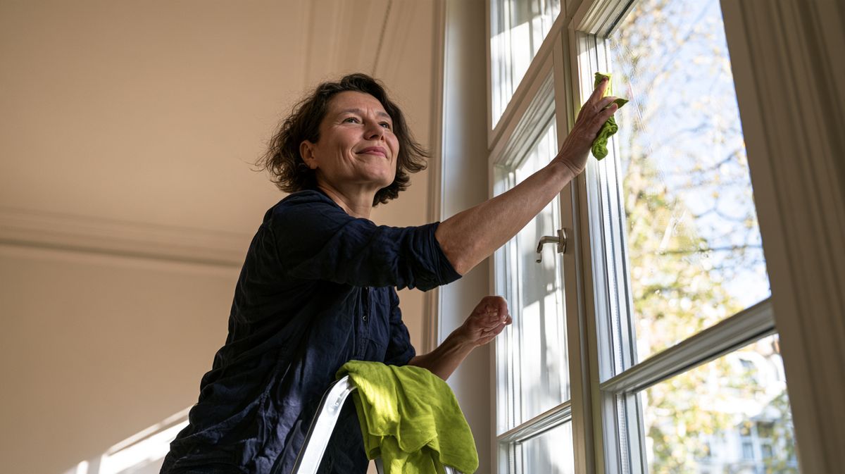 Haushaltshilfe putzt lÃ¤chelnd ein hohes Altbaufenster, ein grÃ¼nes Tuch in der Hand
