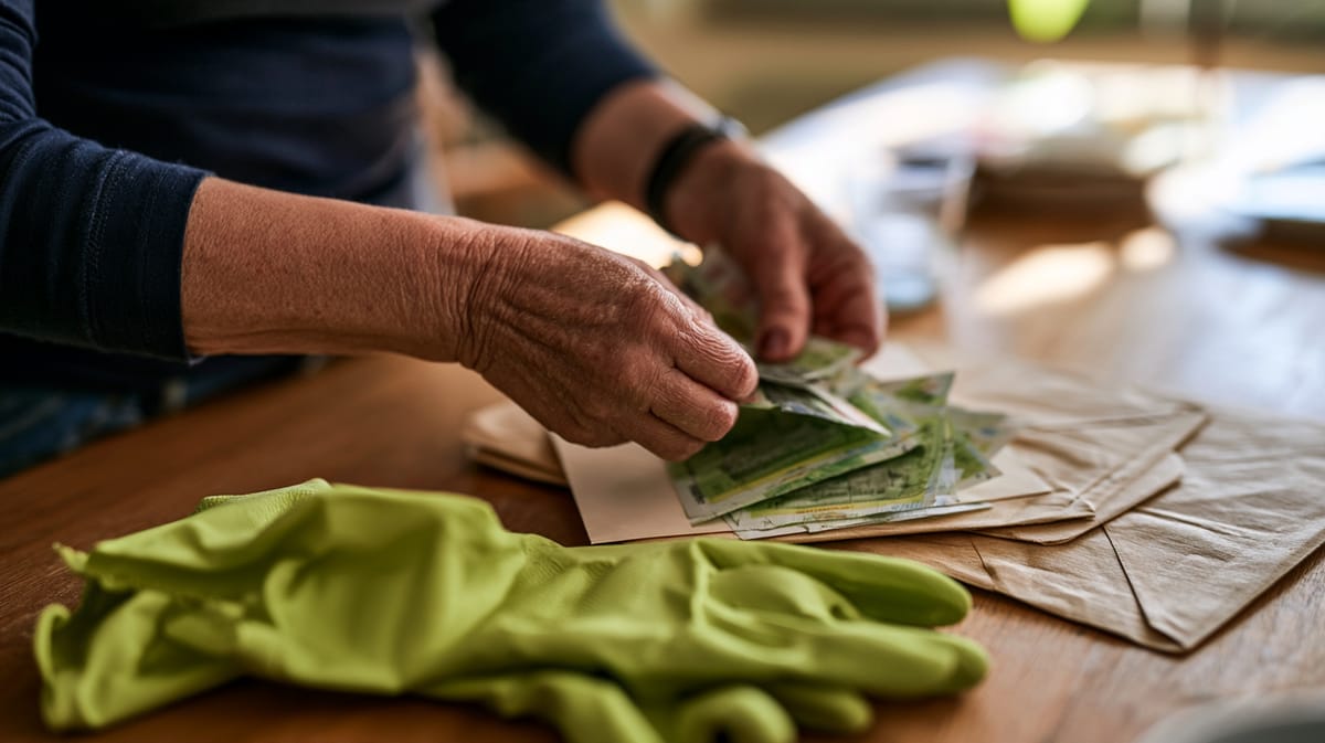 Hände einer älteren Frau zählen Banknoten aus einem Briefumschlag, daneben grüne Putzhandschuhe auf einem Holztisch