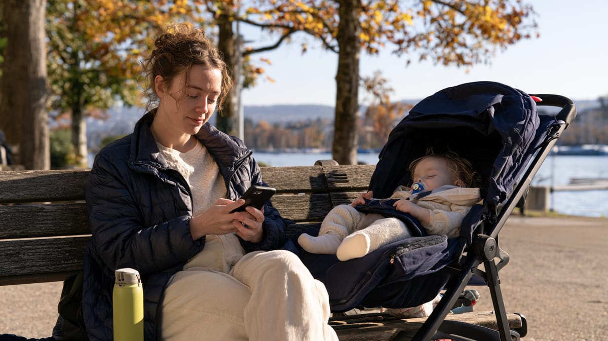 Nanny sitzt im Herbst auf einer Parkbank am See und schaut aufs Handy, neben ihr ein Baby im Kinderwagen