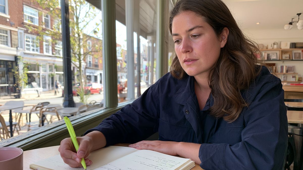 Young woman at a café table by the window, taking notes in a notebook with a yellow pencil