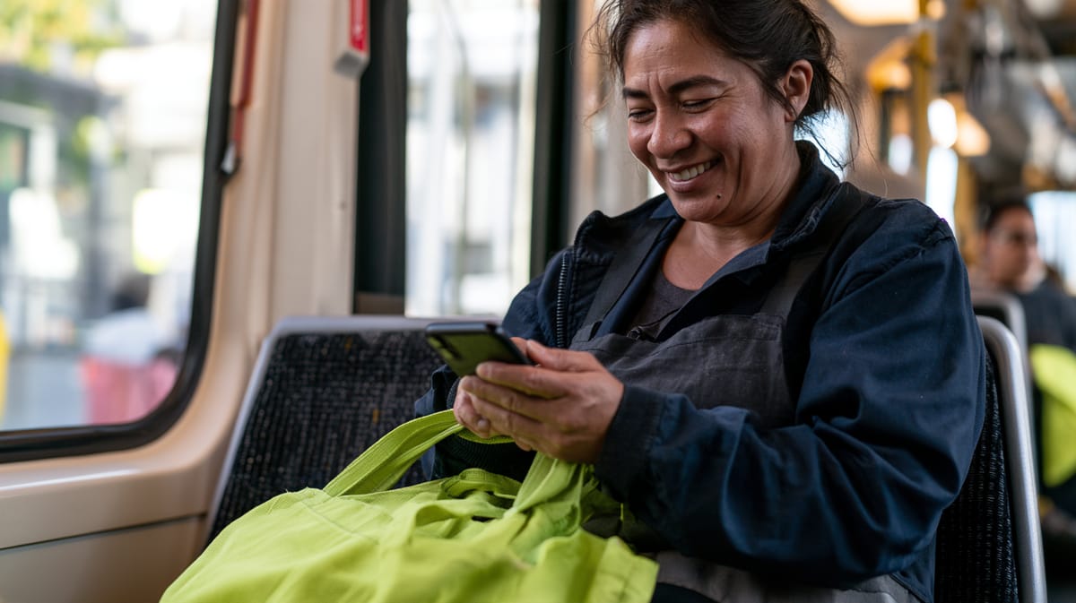 Empleada del hogar sonriente leyendo un mensaje en el móvil en el tranvía, con una bolsa verde sobre las rodillas