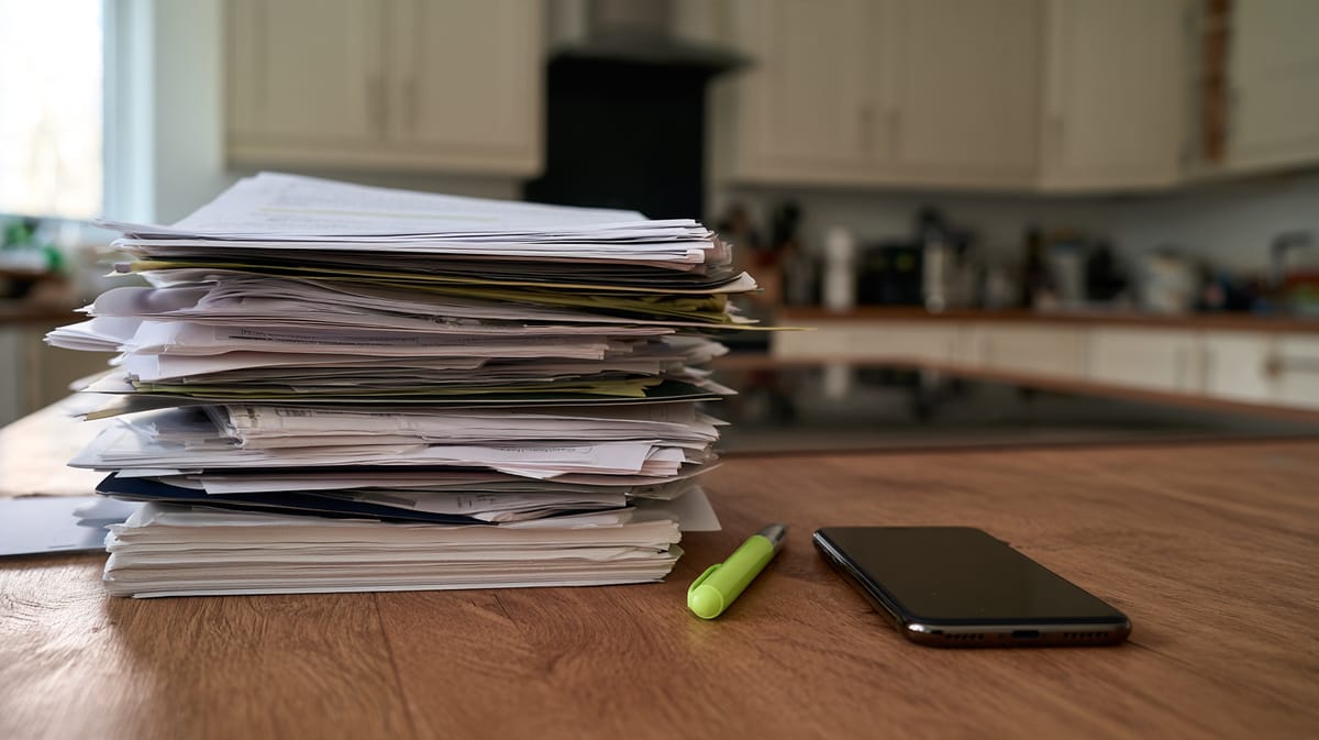 Tall stack of papers and letters on a wooden kitchen counter, next to a green highlighter and a smartphone