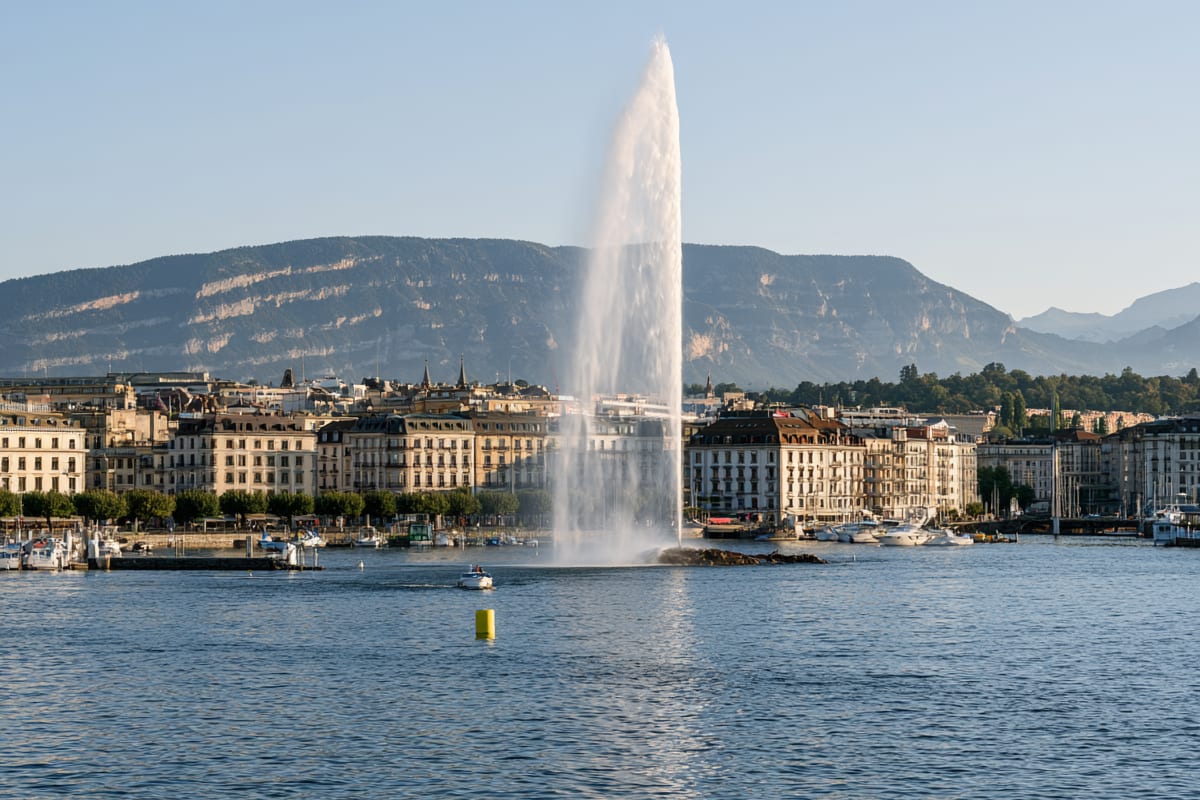 Il Jet d'Eau nel lago Lemano davanti alla città, dietro le montagne nella luce della sera