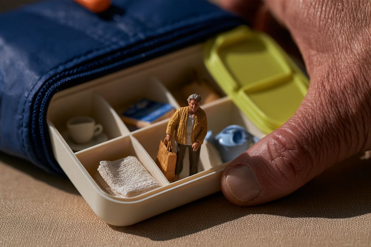 Figura en miniatura dentro de un pastillero semanal cuyos compartimentos guardan pequeños objetos cotidianos: taza, libro, paño
