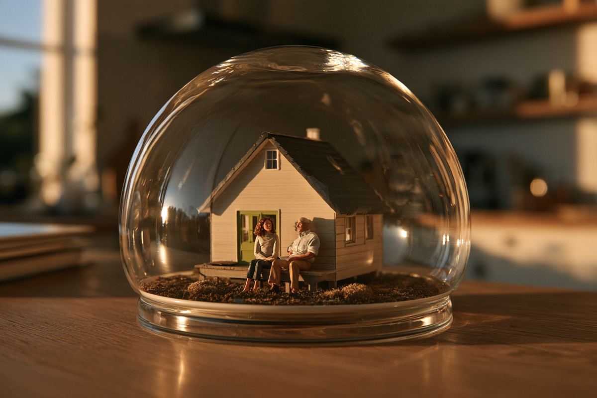 Cloche en verre abritant une petite maison sur la véranda de laquelle sont assis une auxiliaire de vie et un homme âgé