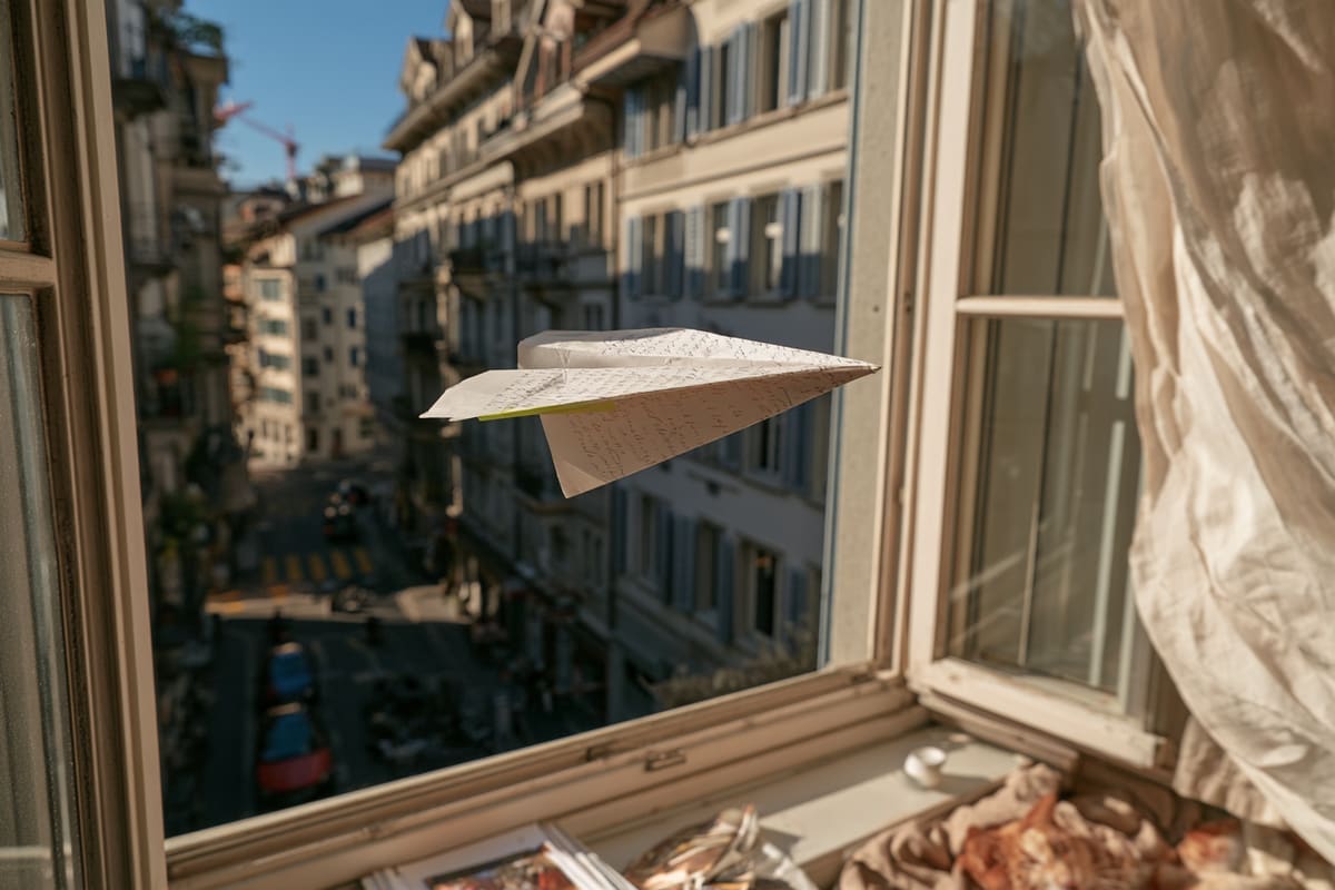 A recommendation letter folded into a paper plane flies out of an open window above a Swiss street