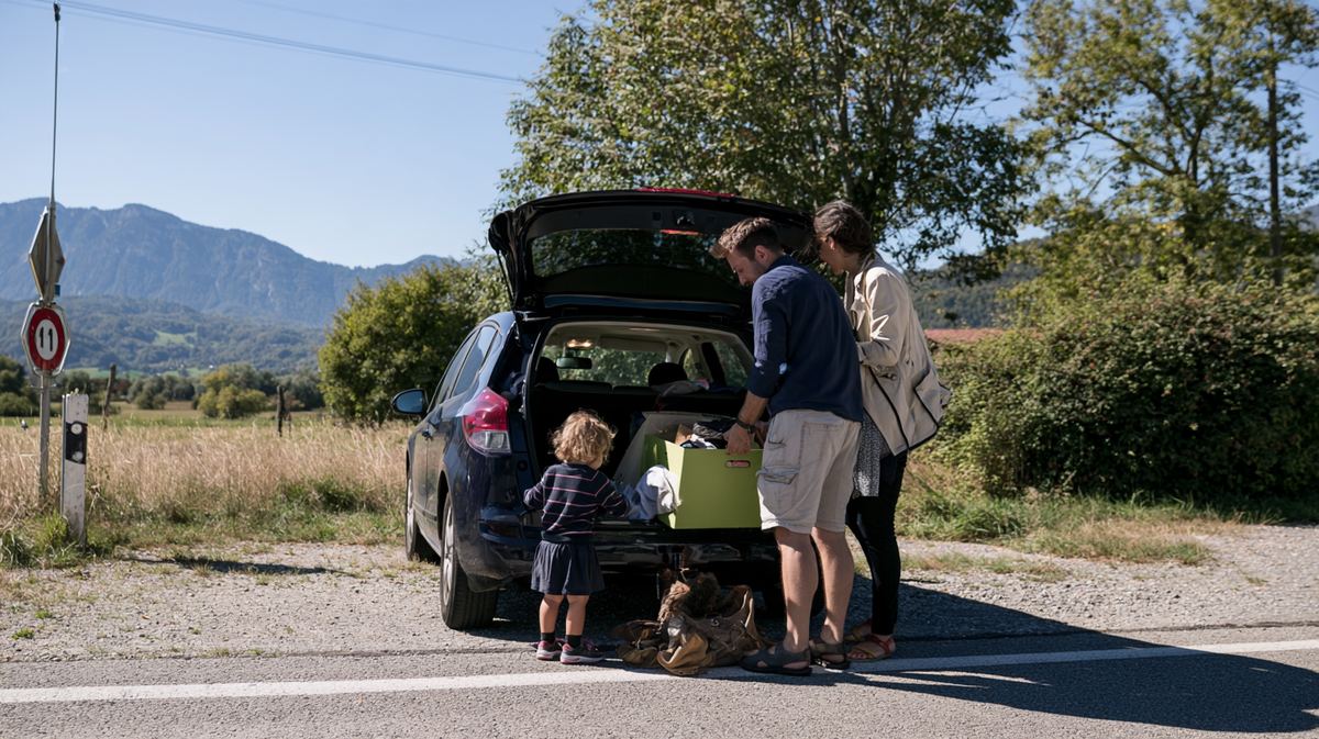 Una famiglia scarica l'auto a bordo strada davanti alle montagne, tra due case