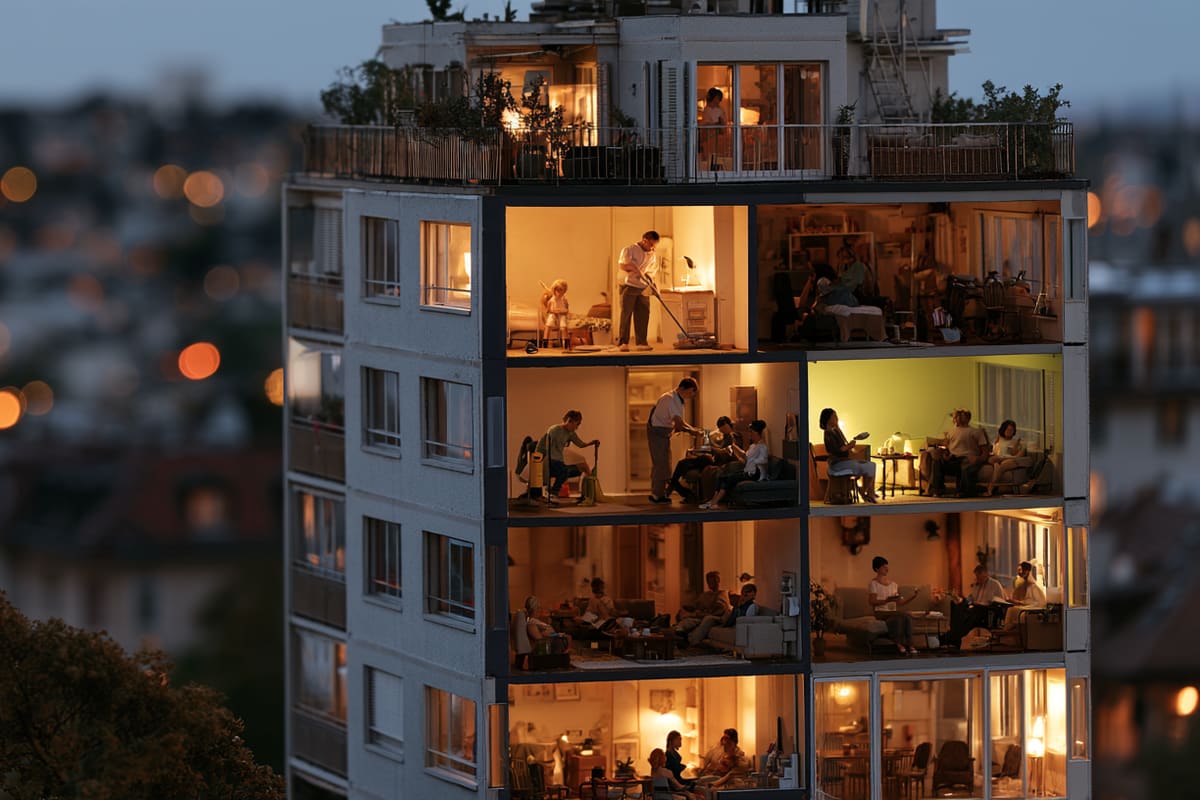 Miniature apartment building at dusk with its front removed: in the lit flats, tiny figures clean, look after children and cook