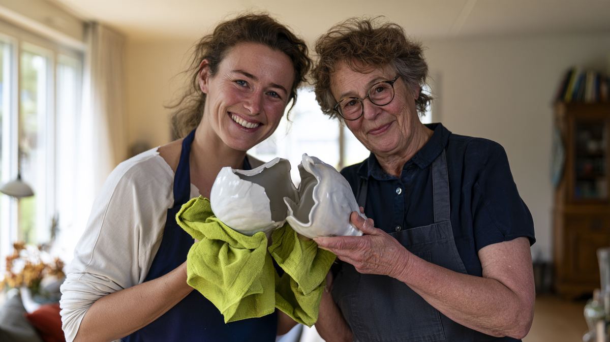 La empleada de hogar y su empleadora sostienen riendo las dos mitades de un cuenco de porcelana roto