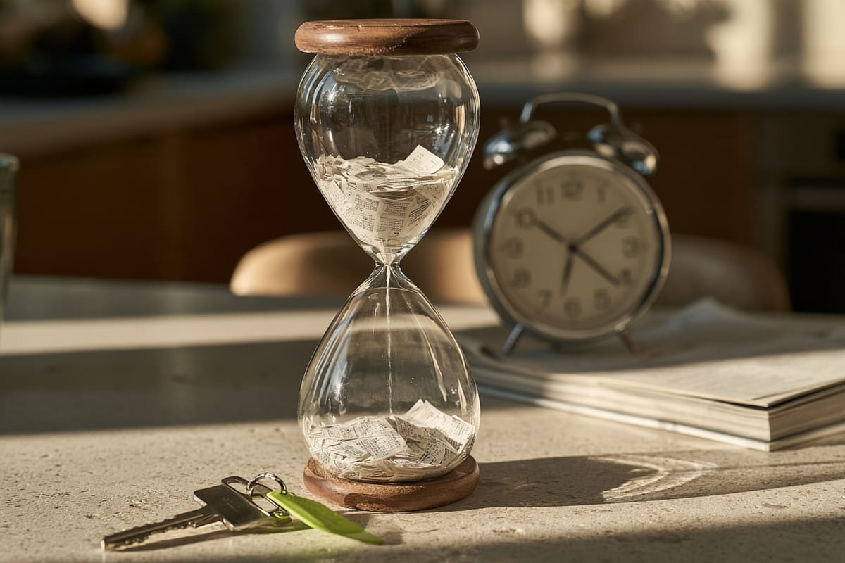 Reloj de arena lleno de hojas de calendario junto a una llave de casa en la mesa de la cocina: el preaviso de la empleada del hogar