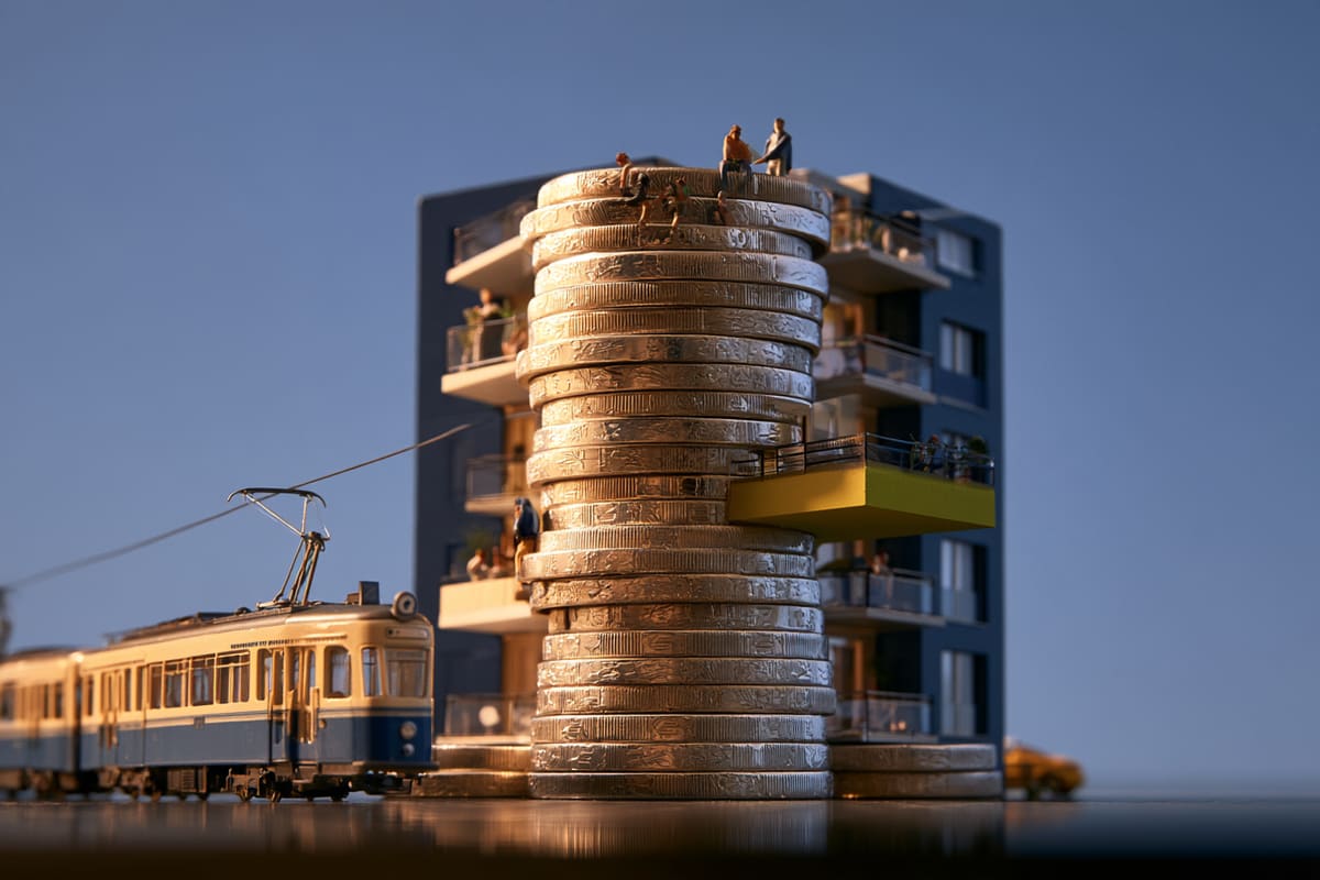 Miniature apartment building made of stacked Swiss franc coins with a tram in front: the cost of living in Switzerland