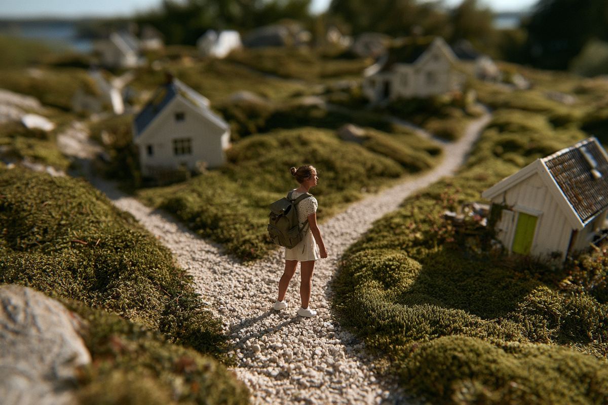 Miniaturfigur mit Rucksack an einer Weggabelung in einer Mooslandschaft, die Wege führen zu kleinen Häusern