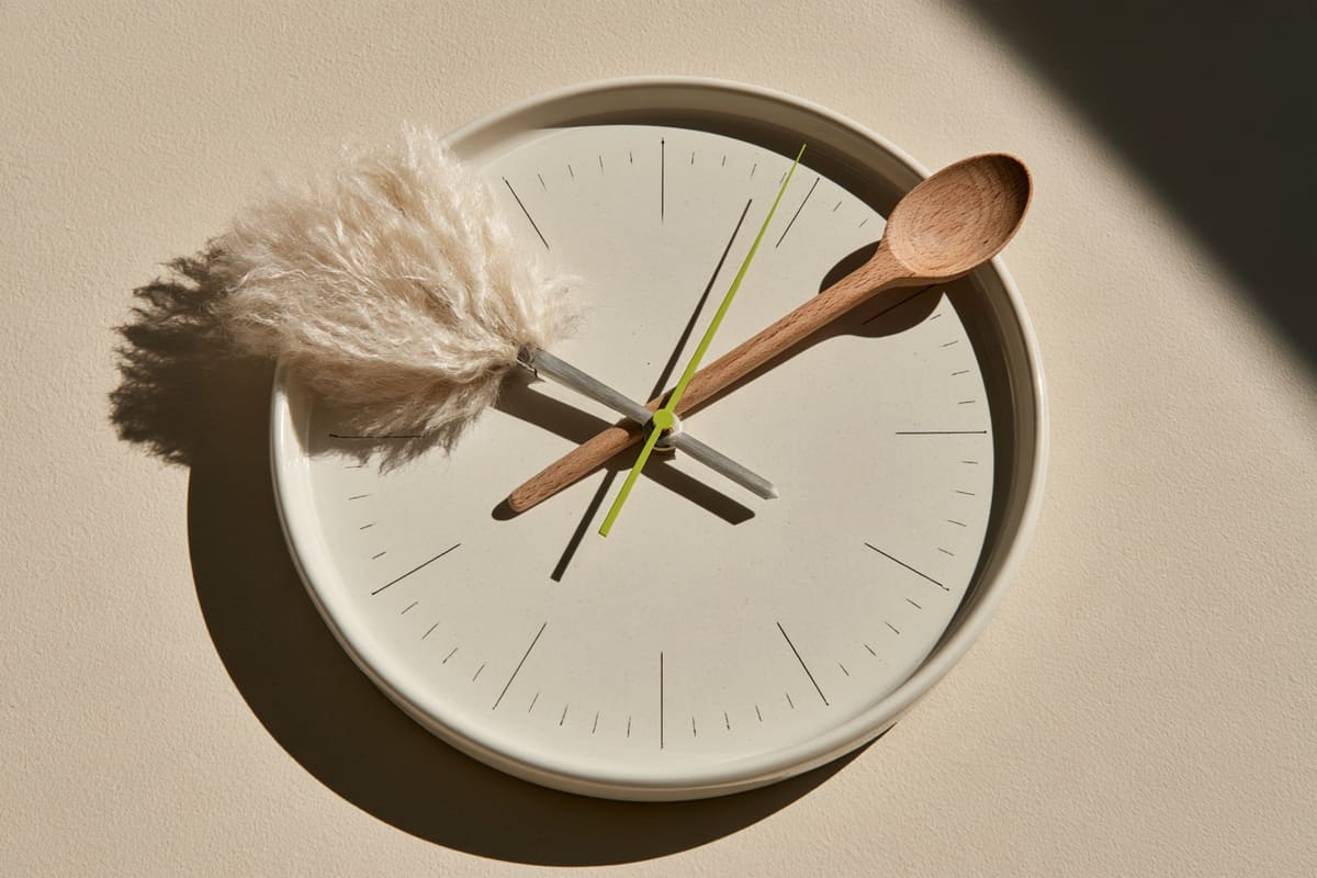Küchenuhr mit einem Staubwedel und einem Holzlöffel als Zeigern: Arbeitszeit im Privathaushalt nach NAV