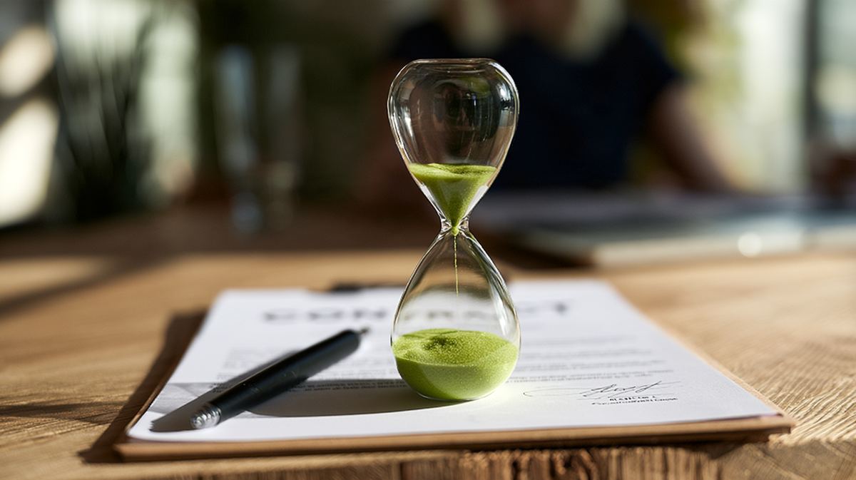 A small hourglass with lime-green sand standing on a signed employment contract