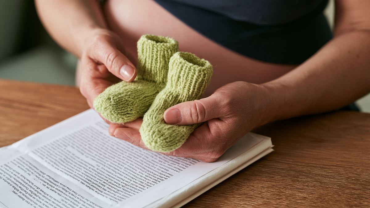 Hände einer schwangeren Frau halten kleine gestrickte Babyschuhe über einem aufgeschlagenen Buch