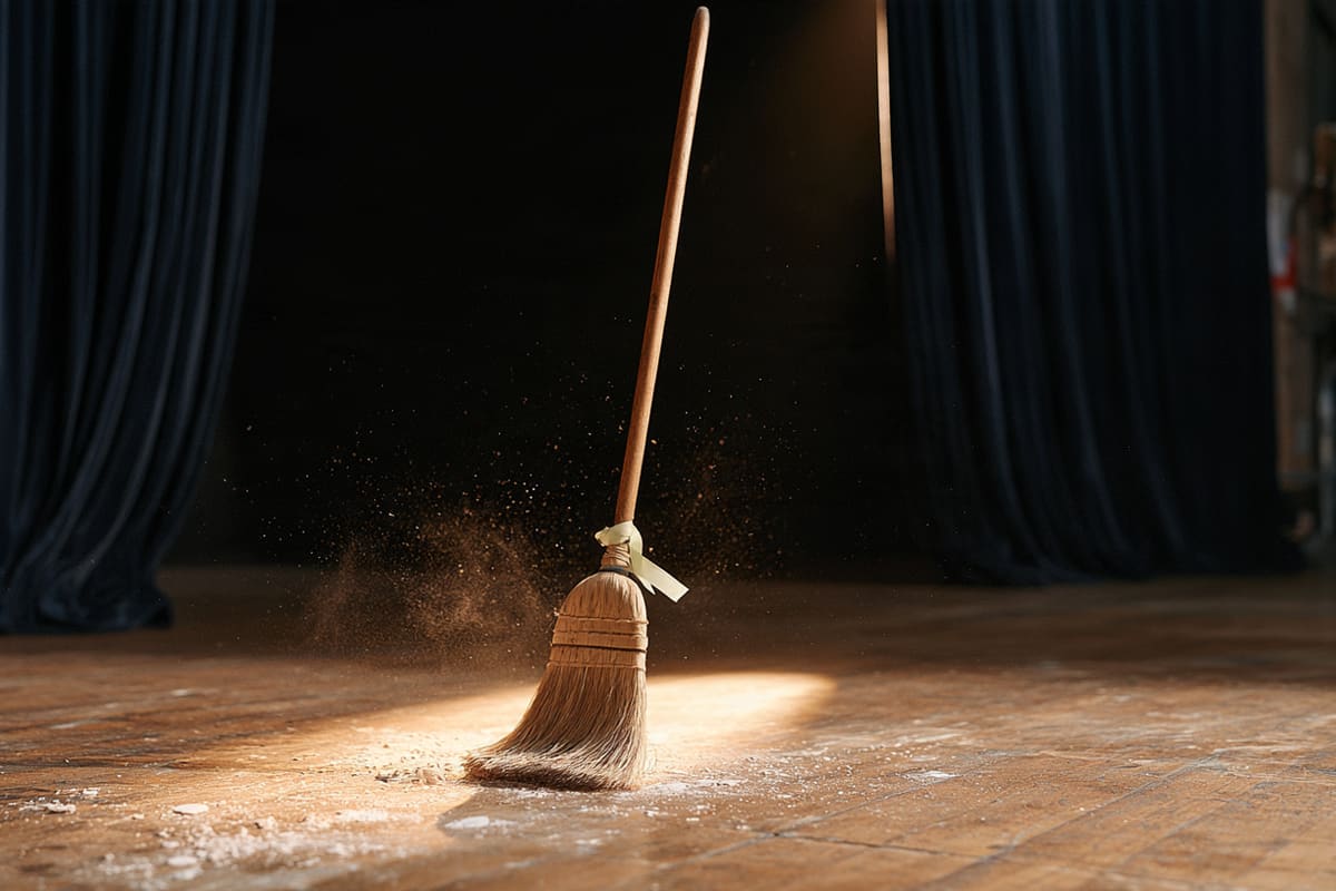 A broom tied with a green ribbon stands alone on an empty theatre stage in a spotlight, dark blue curtains behind
