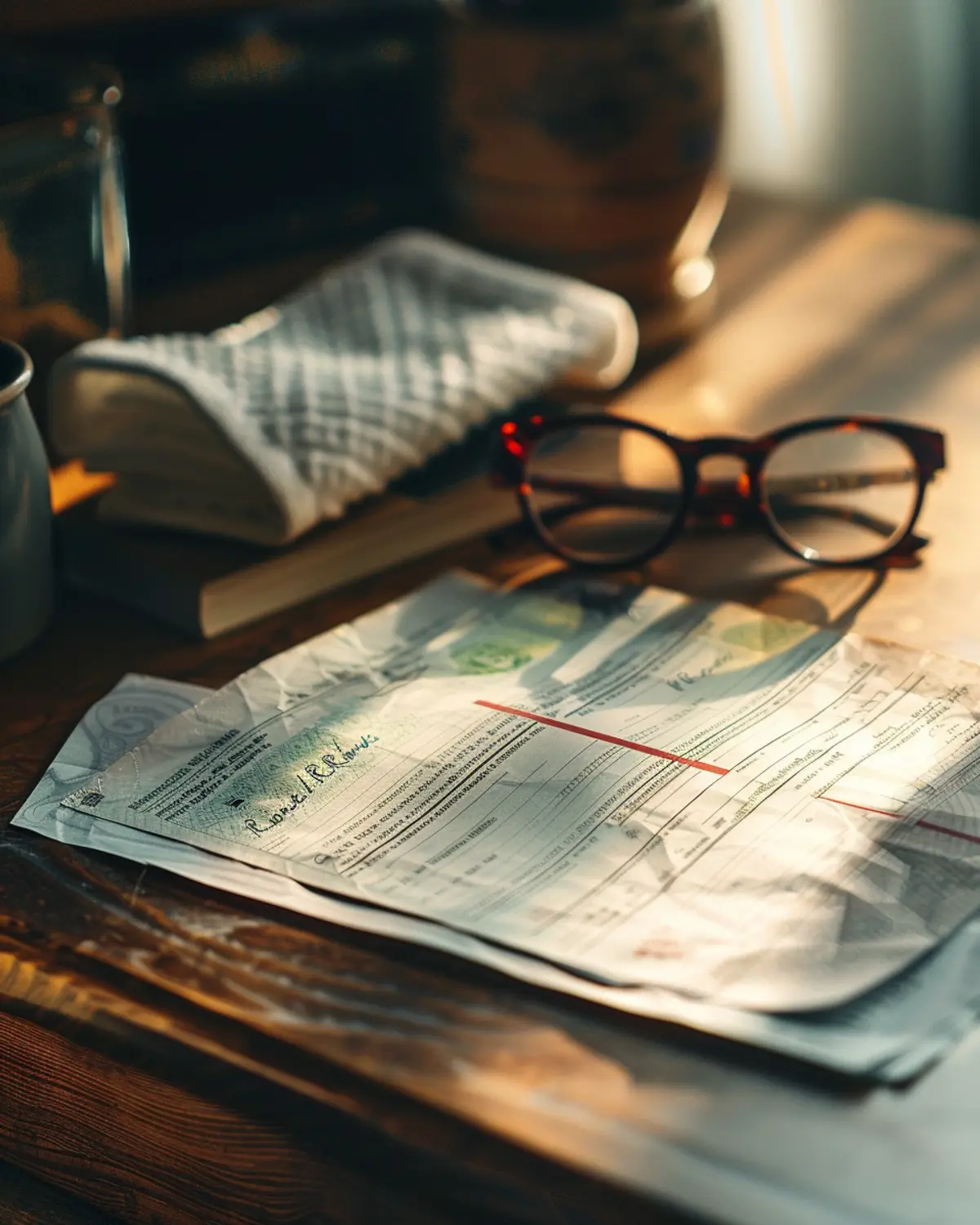 Payslip documents in warm desk light beside reading glasses
