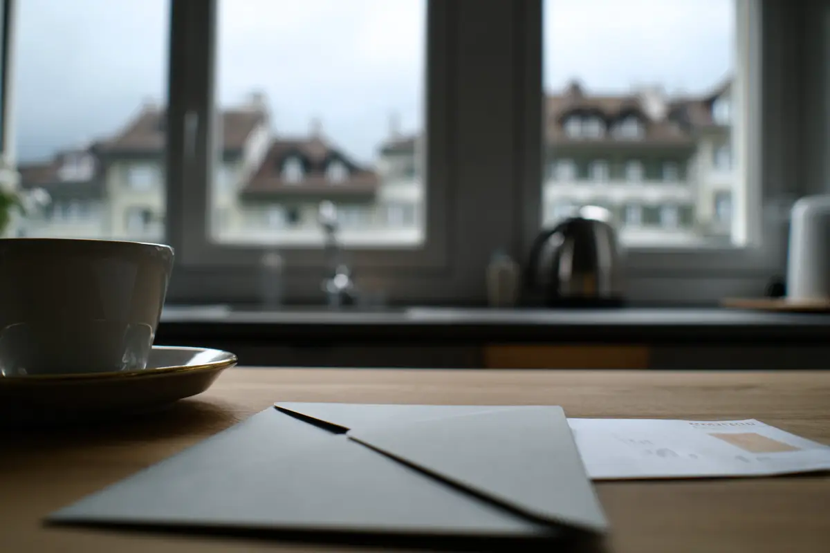 Quiet morning kitchen with an official envelope on the table