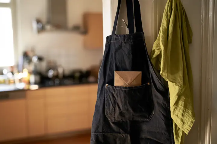 Delantal de trabajo colgado en la cocina, con un sobre de salario en el bolsillo