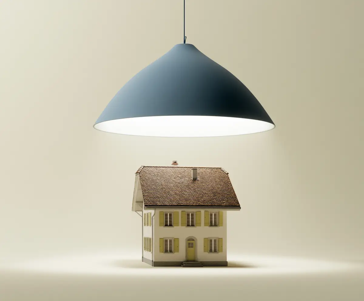 Weiches Lichtschild ueber einem kleinen Zuhause, Symbol fuer Schutz