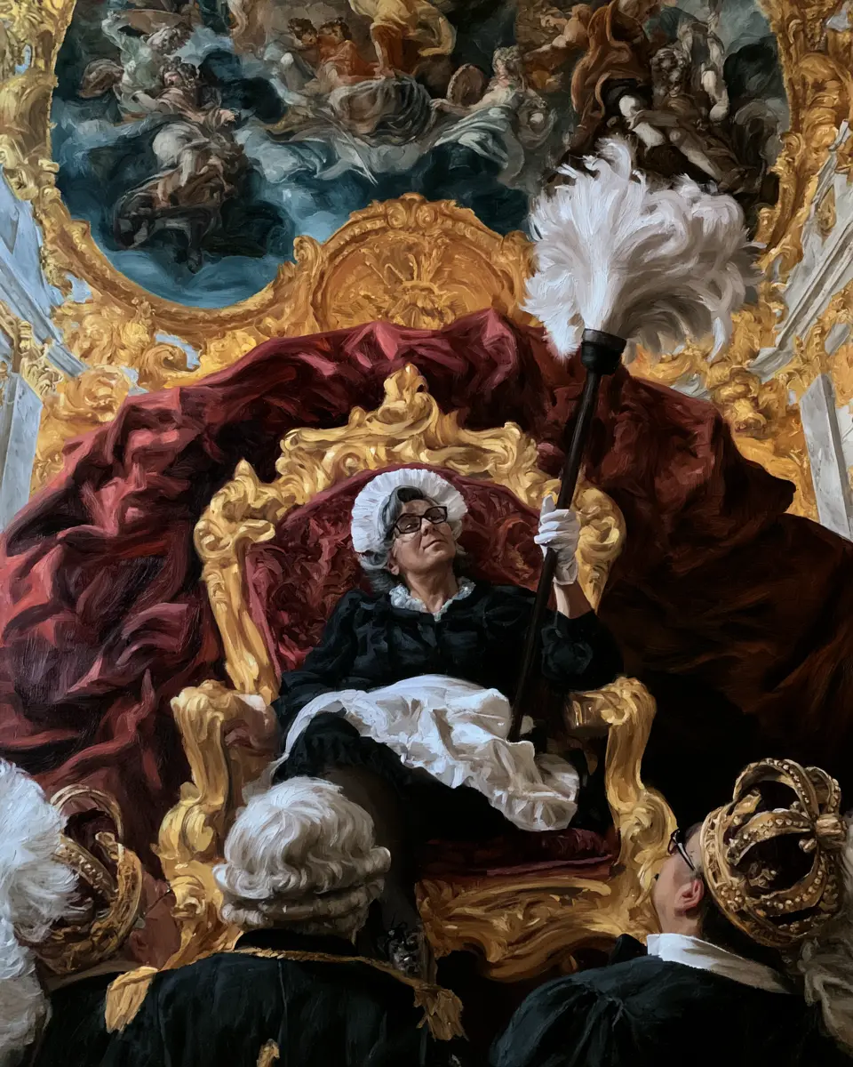 Cleaner seated on a gilded Versailles-style throne, opulent baroque gold